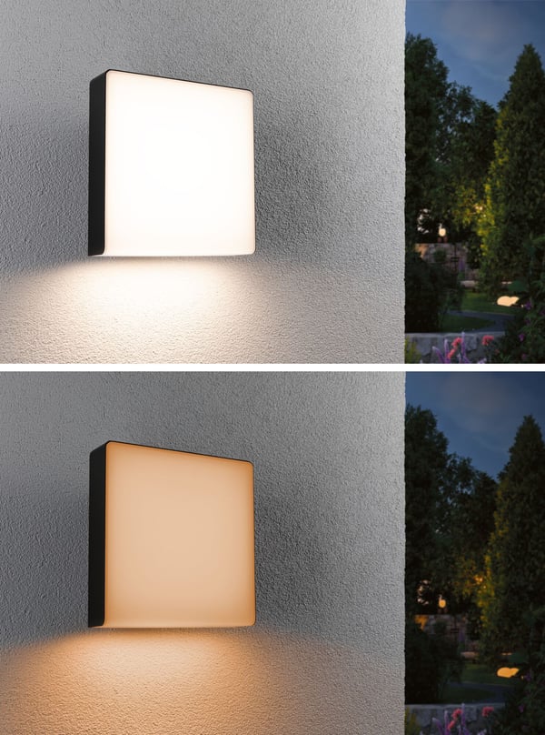 Paulmann LED vägglampa för utomhusbruk Smart Home Zigbee 3.0 Azalena Skymningsstyrd rörelsedetektor (HF) insektsvänlig IP44 250x250 mm Tunable Warm 8,5W 700lm 230V Antracit Plast, Aluminium