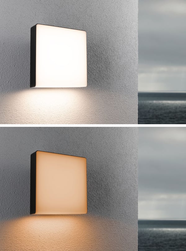 Paulmann LED vägglampa för utomhusbruk Smart Home Zigbee 3.0 Azalena Skymningsstyrd rörelsedetektor (HF) insektsvänlig IP44 250x250 mm Tunable Warm 8,5W 700lm 230V Antracit Plast, Aluminium
