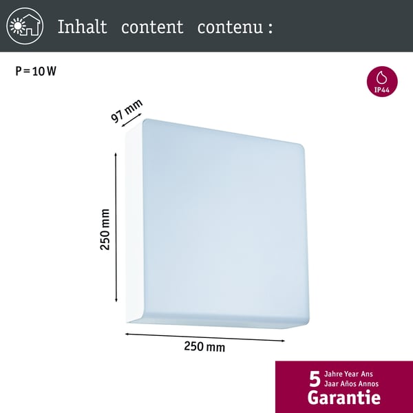 Paulmann LED vägglampa för utomhusbruk Smart Home Zigbee 3.0 Azalena Skymningsstyrd rörelsedetektor (HF) insektsvänlig IP44 250x250 mm Tunable Warm 8,5W 700lm 230V Vit Plast, Aluminium