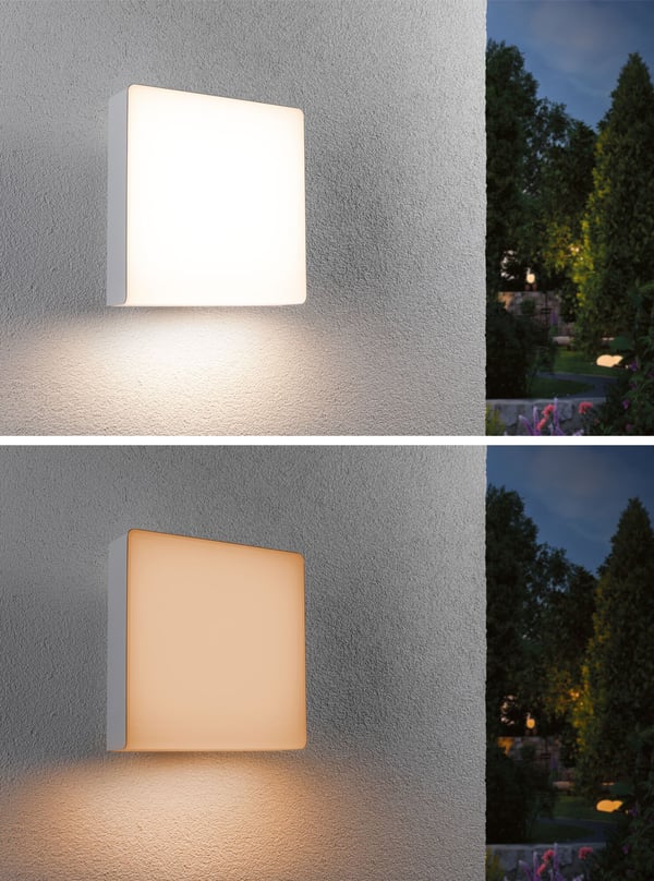Paulmann LED vägglampa för utomhusbruk Smart Home Zigbee 3.0 Azalena Skymningsstyrd rörelsedetektor (HF) insektsvänlig IP44 250x250 mm Tunable Warm 8,5W 700lm 230V Vit Plast, Aluminium