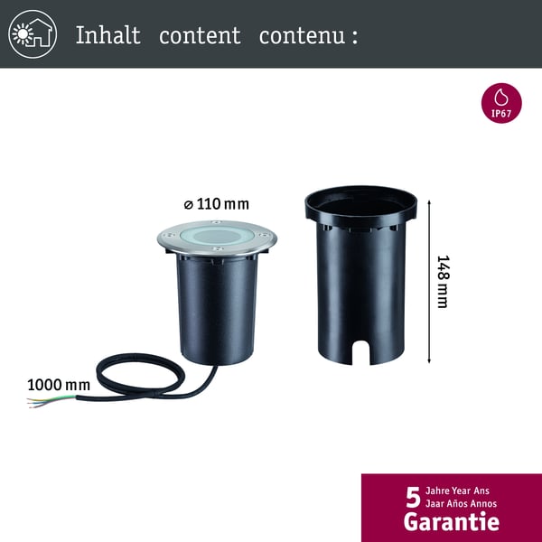 Paulmann LED infälld golvlampa Smart Home Zigbee 3.0 Floor IP67 rund 110 mm RGBW+ 4,9W 300lm 230V Järn borstat Aluminium