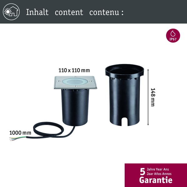 Paulmann LED infälld golvlampa Smart Home Zigbee 3.0 Floor IP67 vinkelformad 110x148 mm RGBW+ 4,9W 300lm 230V Järn borstat Aluminium
