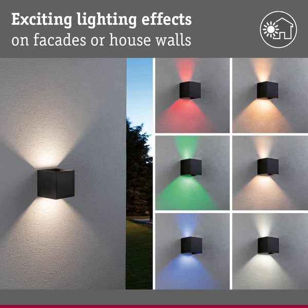 Paulmann LED vägglampa Smart Home Zigbee 3.0 Cybo IP44 vinkelformad 100x100 mm RGBW+ 2x2,5W 2x150lm 230V Antracit Aluminium