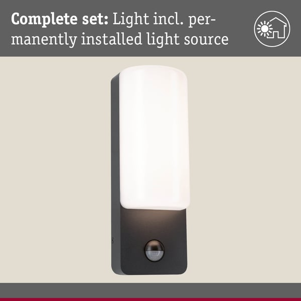 Paulmann LED vägglampa för utomhusbruk Bonnie Skymningsstyrd rörelsedetektor (IR) IP44 93x263 mm 3000K 8,5W 560lm 230V Antracit Aluminium