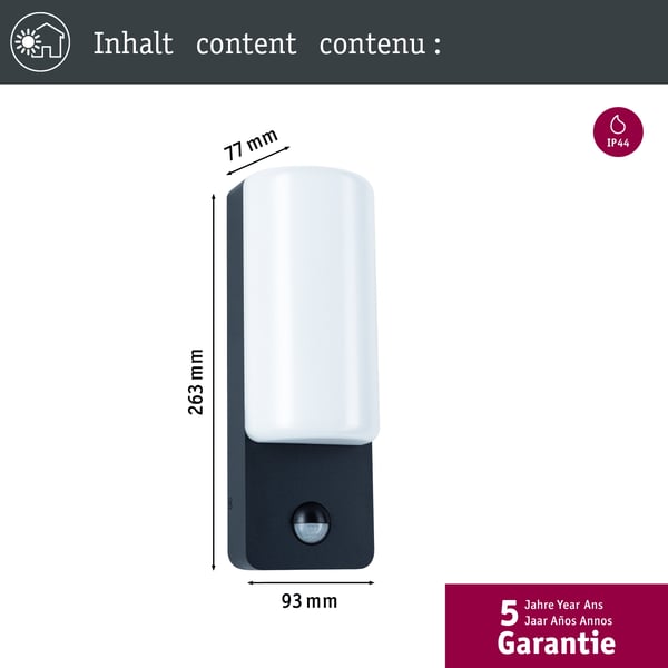 Paulmann LED vägglampa för utomhusbruk Bonnie Skymningsstyrd rörelsedetektor (IR) IP44 93x263 mm 3000K 8,5W 560lm 230V Antracit Aluminium