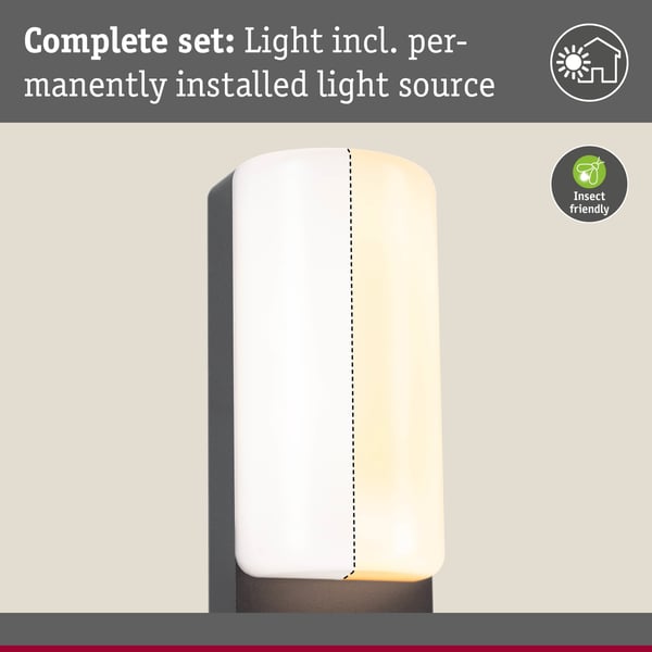 Paulmann LED vägglampa för utomhusbruk Bonnie Skymningsstyrd rörelsedetektor (IR) insektsvänlig och havsvattenbeständig IP44 93x263 mm 2200 - 3000K 8,5W 560lm 230V Antracit Aluminium
