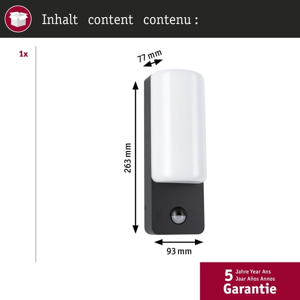 Paulmann LED vägglampa för utomhusbruk Bonnie Skymningsstyrd rörelsedetektor (IR) insektsvänlig och havsvattenbeständig IP44 93x263 mm 2200 - 3000K 8,5W 560lm 230V Antracit Aluminium