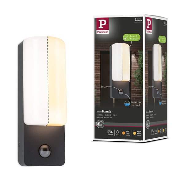 Paulmann LED vägglampa för utomhusbruk Bonnie Skymningsstyrd rörelsedetektor (IR) insektsvänlig och havsvattenbeständig IP44 93x263 mm 2200 - 3000K 8,5W 560lm 230V Antracit Aluminium