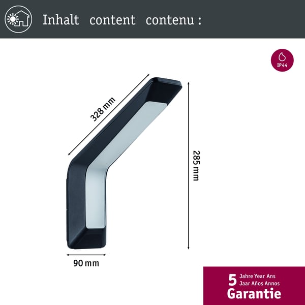 Paulmann LED vägglampa för utomhusbruk Merano Skymningsstyrd rörelsedetektor (HF) IP44 90x328 mm 3000K 14W 950lm 230V Antracit Aluminium