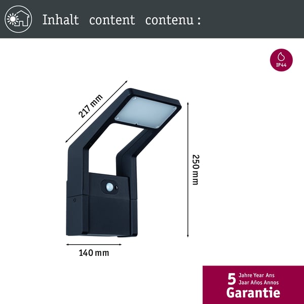 Paulmann LED vägglampa för utomhusbruk Juntea Skymningsstyrd rörelsedetektor (IR) IP44 140x250 mm 3000K 11W 900lm 230V Antracit Aluminium