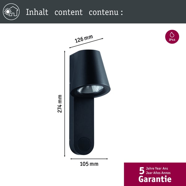 Paulmann LED vägglampa för utomhusbruk Caissa Skymningsstyrd rörelsedetektor (HF) IP44 105x274 mm 3000K 9W 700lm 230V 65° Antracit Aluminium