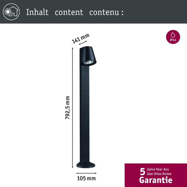 Paulmann LED pollare Caissa Skymningsstyrd rörelsedetektor (HF) IP44 793 mm 3000K 9W 700lm 230V 65° Antracit Aluminium