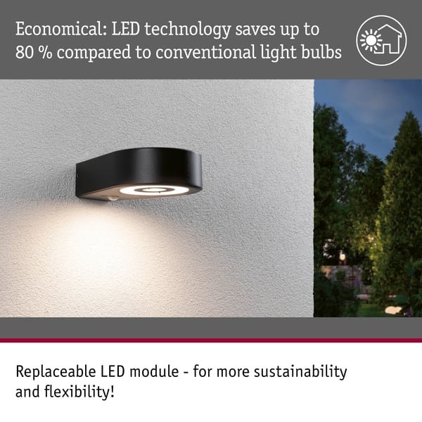 Paulmann LED vägglampa för utomhusbruk Silma Skymningsstyrd rörelsedetektor (IR) IP44 65x186 mm 3000K 5,5W / 0,7W 600lm / 0lm 230V Antracit Aluminium