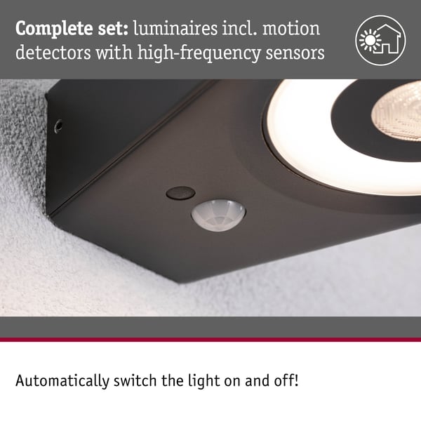 Paulmann LED vägglampa för utomhusbruk Silma Skymningsstyrd rörelsedetektor (IR) IP44 65x186 mm 3000K 5,5W / 0,7W 600lm / 0lm 230V Antracit Aluminium