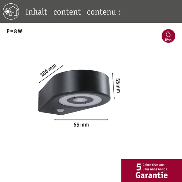 Paulmann LED vägglampa för utomhusbruk Silma Skymningsstyrd rörelsedetektor (IR) IP44 65x186 mm 3000K 5,5W / 0,7W 600lm / 0lm 230V Antracit Aluminium