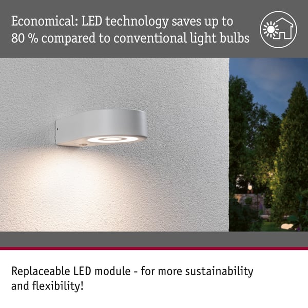 Paulmann LED vägglampa för utomhusbruk Silma Skymningsstyrd rörelsedetektor (IR) IP44 65x186 mm 3000K 5,5W / 0,7W 600lm / 0lm 230V Vit Aluminium