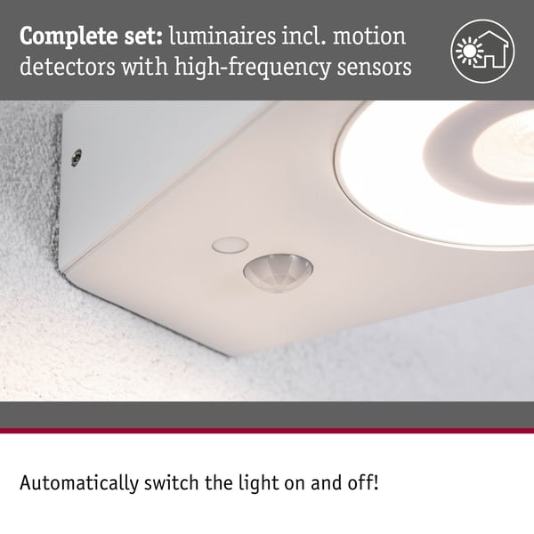Paulmann LED vägglampa för utomhusbruk Silma Skymningsstyrd rörelsedetektor (IR) IP44 65x186 mm 3000K 5,5W / 0,7W 600lm / 0lm 230V Vit Aluminium