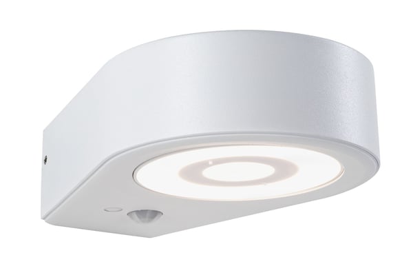 Paulmann LED vägglampa för utomhusbruk Silma Skymningsstyrd rörelsedetektor (IR) IP44 65x186 mm 3000K 5,5W / 0,7W 600lm / 0lm 230V Vit Aluminium