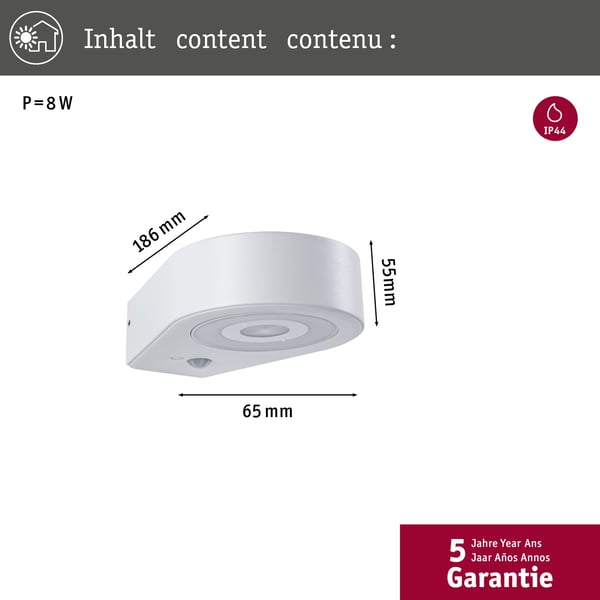 Paulmann LED vägglampa för utomhusbruk Silma Skymningsstyrd rörelsedetektor (IR) IP44 65x186 mm 3000K 5,5W / 0,7W 600lm / 0lm 230V Vit Aluminium