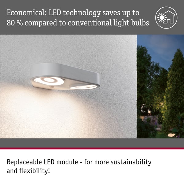Paulmann LED vägglampa för utomhusbruk Silma Skymningsstyrd rörelsedetektor (IR) Dubbel ljusutgång IP44 280x176 mm 3000K 2x5,5W / 2x0,7W 2x600lm / 2x0lm 230V Vit Aluminium