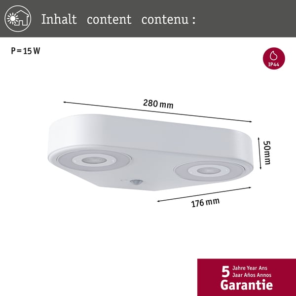 Paulmann LED vägglampa för utomhusbruk Silma Skymningsstyrd rörelsedetektor (IR) Dubbel ljusutgång IP44 280x176 mm 3000K 2x5,5W / 2x0,7W 2x600lm / 2x0lm 230V Vit Aluminium
