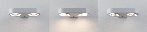 Paulmann LED vägglampa för utomhusbruk Silma Skymningsstyrd rörelsedetektor (IR) Dubbel ljusutgång IP44 280x176 mm 3000K 2x5,5W / 2x0,7W 2x600lm / 2x0lm 230V Vit Aluminium