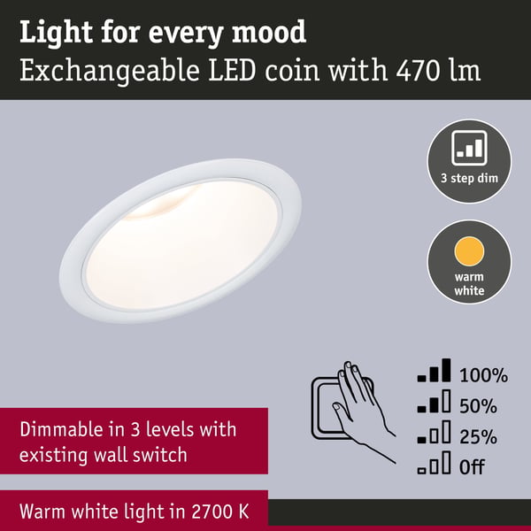Paulmann Infälld LED lampa 3-Step-Dim Cole Coin IP44 rund 88 mm Coin 3x6W 3x470lm 230V dimbar 2700K Vit