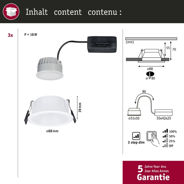 Paulmann Infälld LED lampa 3-Step-Dim Cole Coin IP44 rund 88 mm Coin 3x6W 3x470lm 230V dimbar 2700K Vit