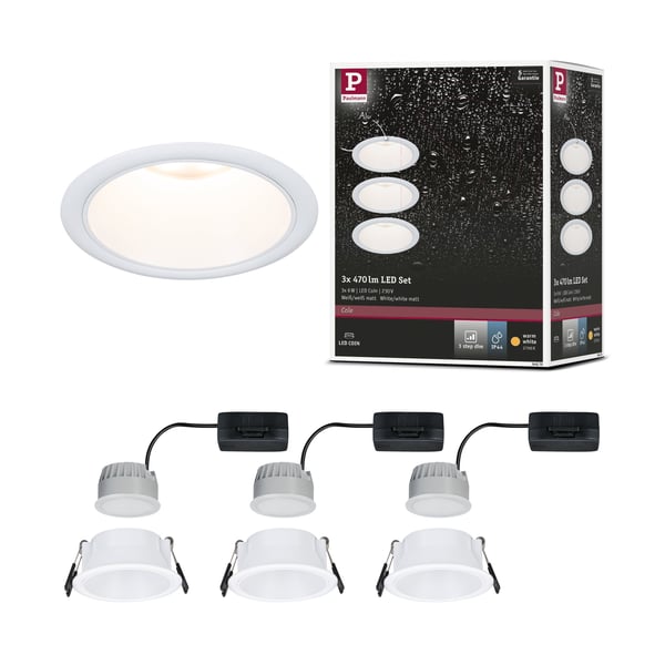 Paulmann Infälld LED lampa 3-Step-Dim Cole Coin IP44 rund 88 mm Coin 3x6W 3x470lm 230V dimbar 2700K Vit