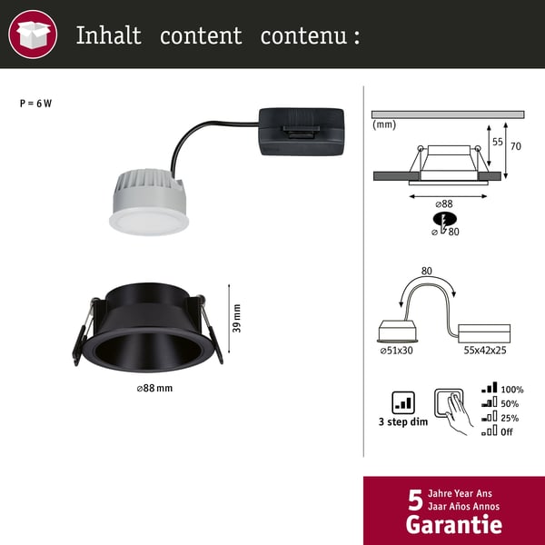 Paulmann Infälld LED lampa 3-Step-Dim Cole Coin IP44 rund 88 mm Coin 6W 470lm 230V dimbar 2700K Svart