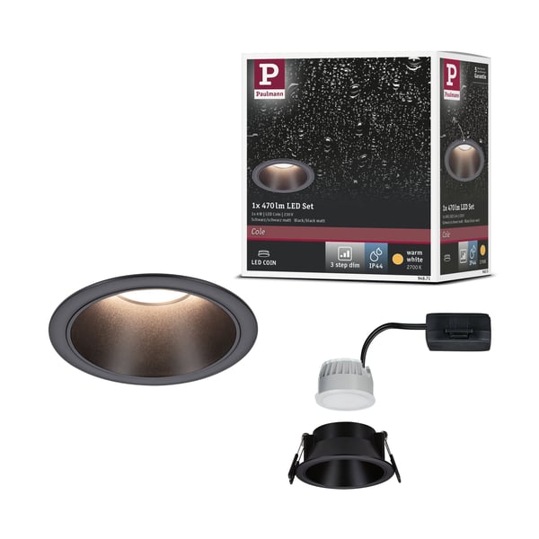 Paulmann Infälld LED lampa 3-Step-Dim Cole Coin IP44 rund 88 mm Coin 6W 470lm 230V dimbar 2700K Svart Paulmann Infälld LED lampa 3-Step-Dim Cole Coin IP44 rund 88 mm Coin 6W 470lm 230V dimbar 2700K Svart
