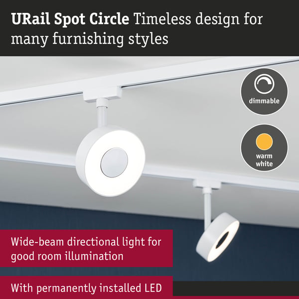 Paulmann URail Spotlight för strömskenor Circle 180lm 5W 3000K dimbar 230V Signal vit