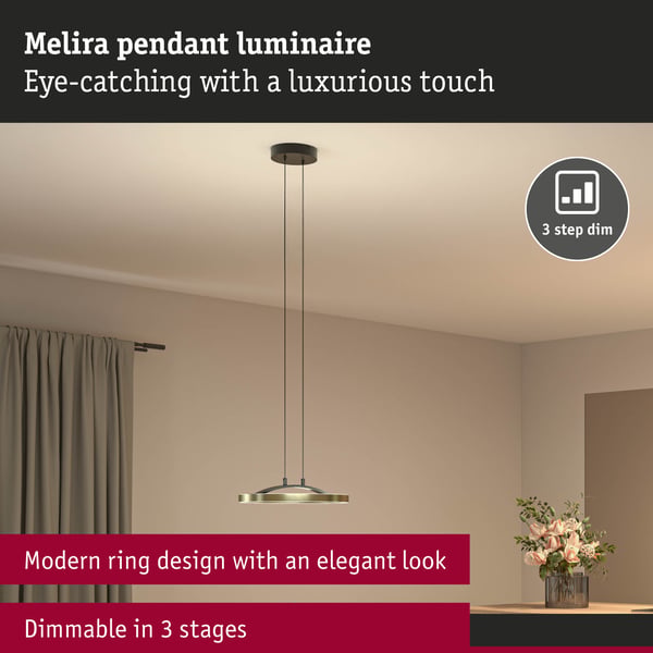 Paulmann LEDpendellampa 3-Step-Dim Melira 2700K 1690lm 24W Svart matt, Guld dimbar