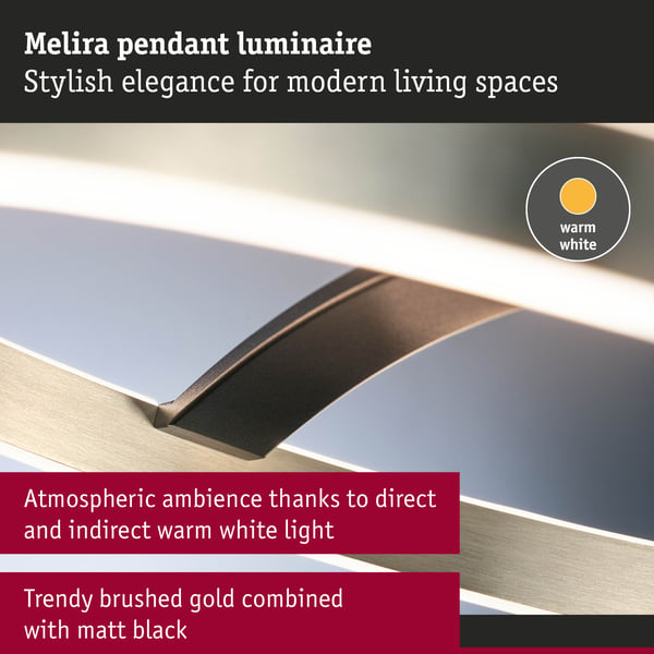 Paulmann LEDpendellampa 3-Step-Dim Melira 2700K 1690lm 24W Svart matt, Guld dimbar