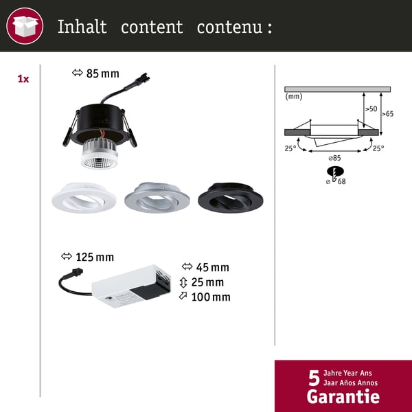 Paulmann Infälld LED lampa White Select Viona Enkelt ljus IP65 rund 85 mm 25° 6W 520lm 230V 2700 - 4000K Svart matt, Vit matt, Krom matt