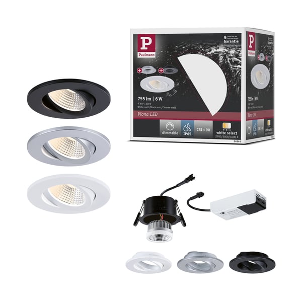 Paulmann Infälld LED lampa White Select Viona Enkelt ljus IP65 rund 85 mm 25° 6W 520lm 230V 2700 - 4000K Svart matt, Vit matt, Krom matt
