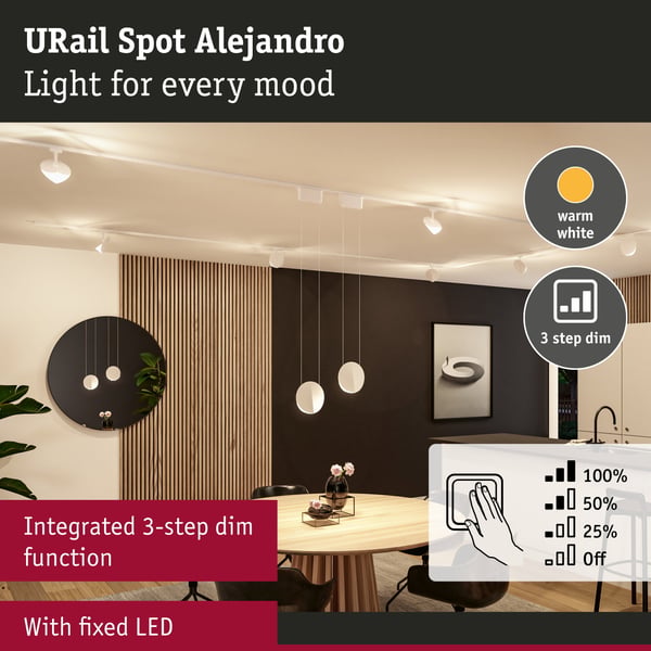 Paulmann URail Spotlight för strömskenor 3-Step-Dim Alejandro 800lm 10W 3000K dimbar 230V Signal vit