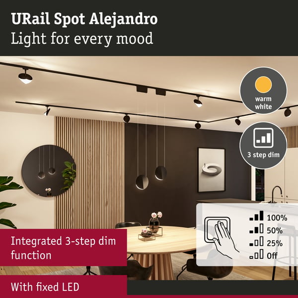 Paulmann URail Spotlight för strömskenor 3-Step-Dim Alejandro 800lm 10W 3000K dimbar 230V Svart matt