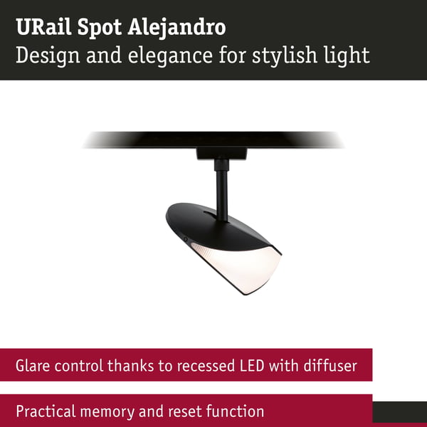 Paulmann URail Spotlight för strömskenor 3-Step-Dim Alejandro 800lm 10W 3000K dimbar 230V Svart matt