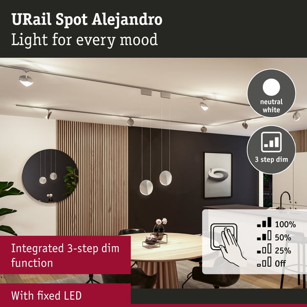Paulmann URail Spotlight för strömskenor 3-Step-Dim Alejandro 800lm 10W 4000K dimbar 230V Krom matt