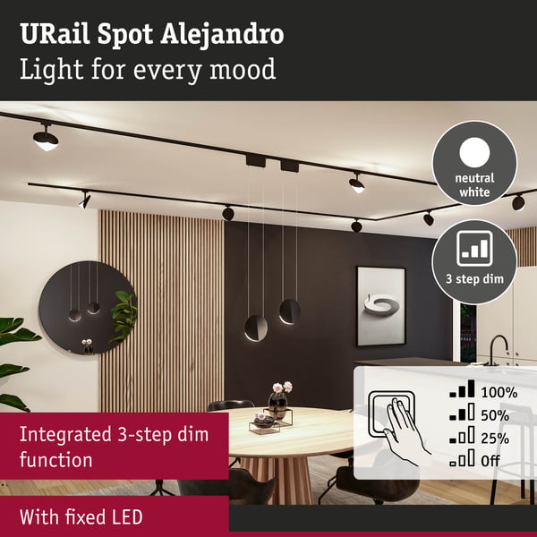 Paulmann URail Spotlight för strömskenor 3-Step-Dim Alejandro 800lm 10W 4000K dimbar 230V Svart matt