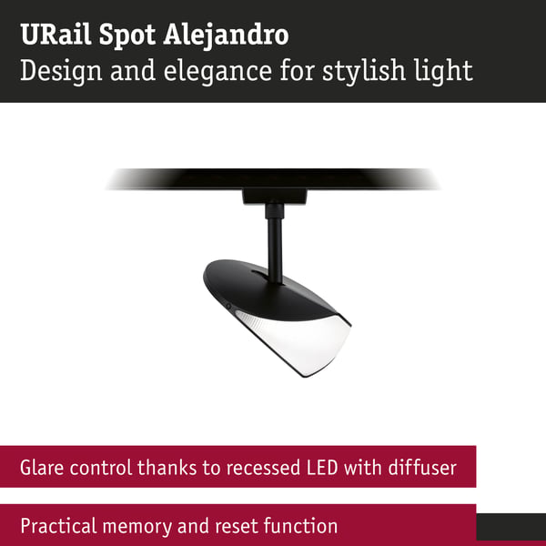 Paulmann URail Spotlight för strömskenor 3-Step-Dim Alejandro 800lm 10W 4000K dimbar 230V Svart matt