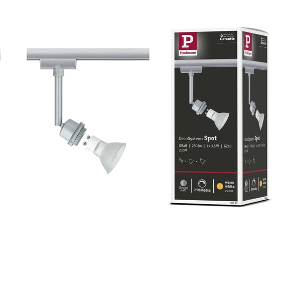 Paulmann URail Spotlight för strömskenor DecoSystems Basic GZ10 250lm 3,5W 2700K dimbar 230V Krom matt Paulmann URail Spotlight för strömskenor DecoSystems Basic GZ10 250lm 3,5W 2700K dimbar 230V Krom matt