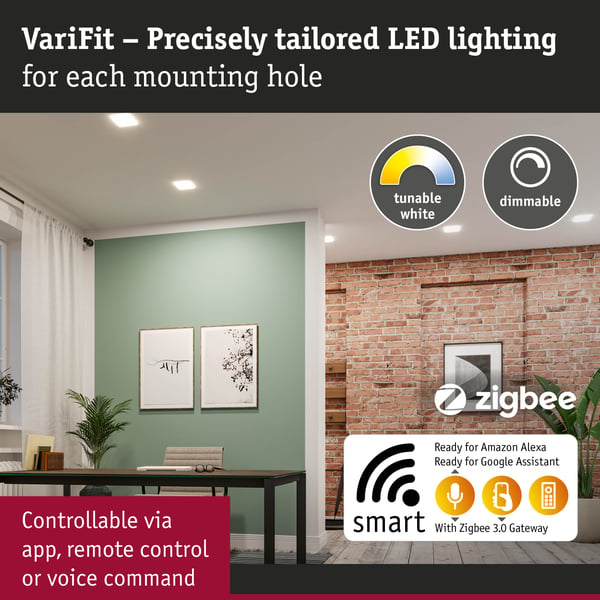 Paulmann VariFit Infälld LED panel Smart Home Zigbee 3.0 Veluna Panel IP44 vinkelformad 215x215 mm 17W 1300lm Tunable White Satin dimbar