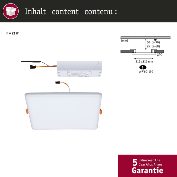 Paulmann VariFit Infälld LED panel Smart Home Zigbee 3.0 Veluna Panel IP44 vinkelformad 215x215 mm 17W 1300lm Tunable White Satin dimbar
