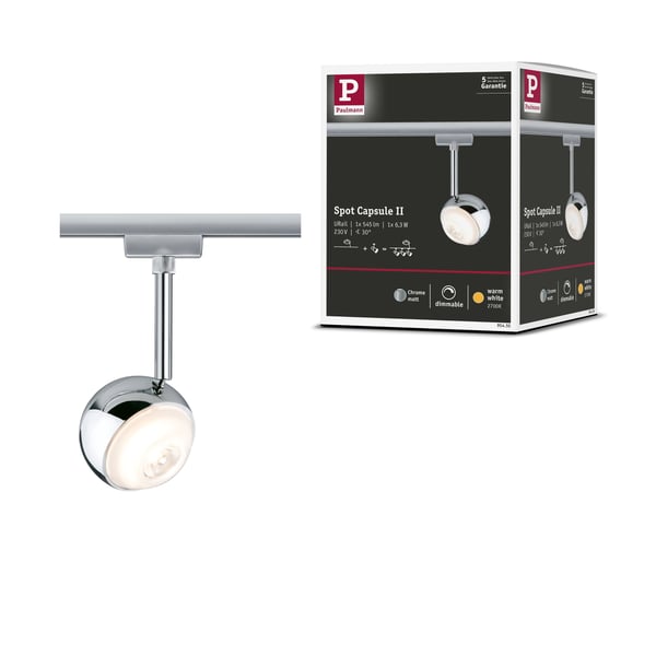 Paulmann URail Spotlight för strömskenor Capsule II 439lm 6,3W 2700K dimbar 230V Krom matt, Krom