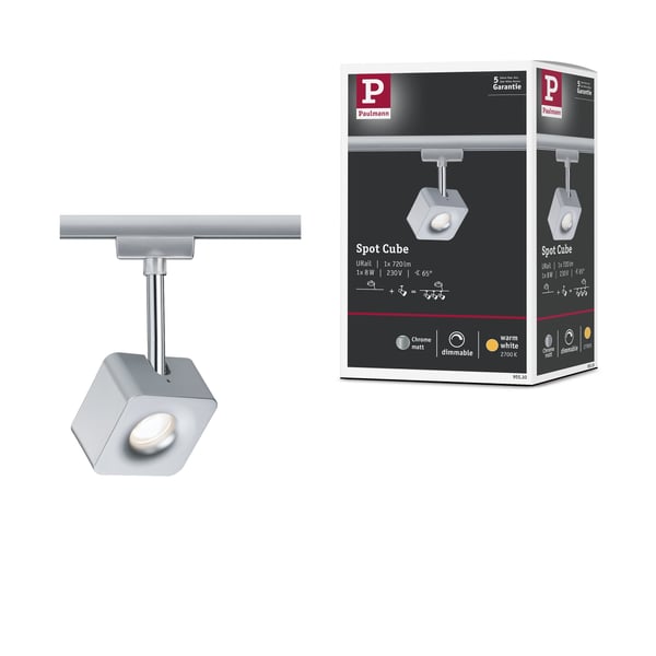 Paulmann URail Spotlight för strömskenor Cube 540lm 8W 2700K dimbar 230V Krom matt, Krom