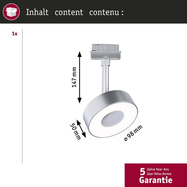 Paulmann URail Spotlight för strömskenor 3-Step-Dim Circle 280lm 5W 3000K dimbar 230V Krom matt