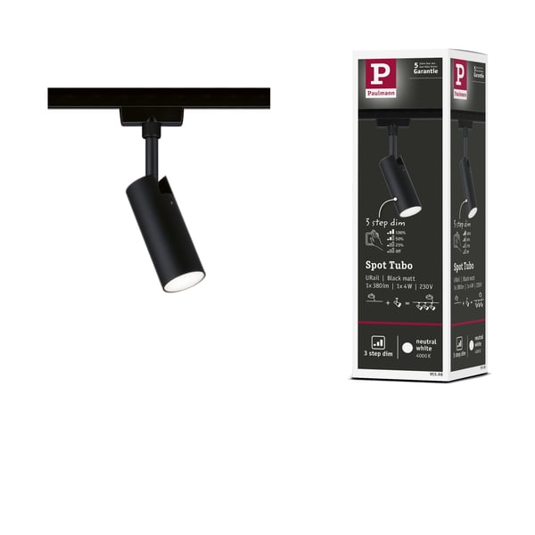 Paulmann URail Spotlight för strömskenor 3-Step-Dim Tubo 230lm 4W 4000K dimbar 230V Svart matt