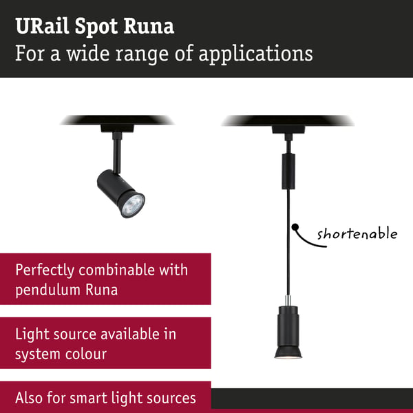 Paulmann URail Spotlight för strömskenor Runa GU10 max. 10W dimbar 230V Svart matt
